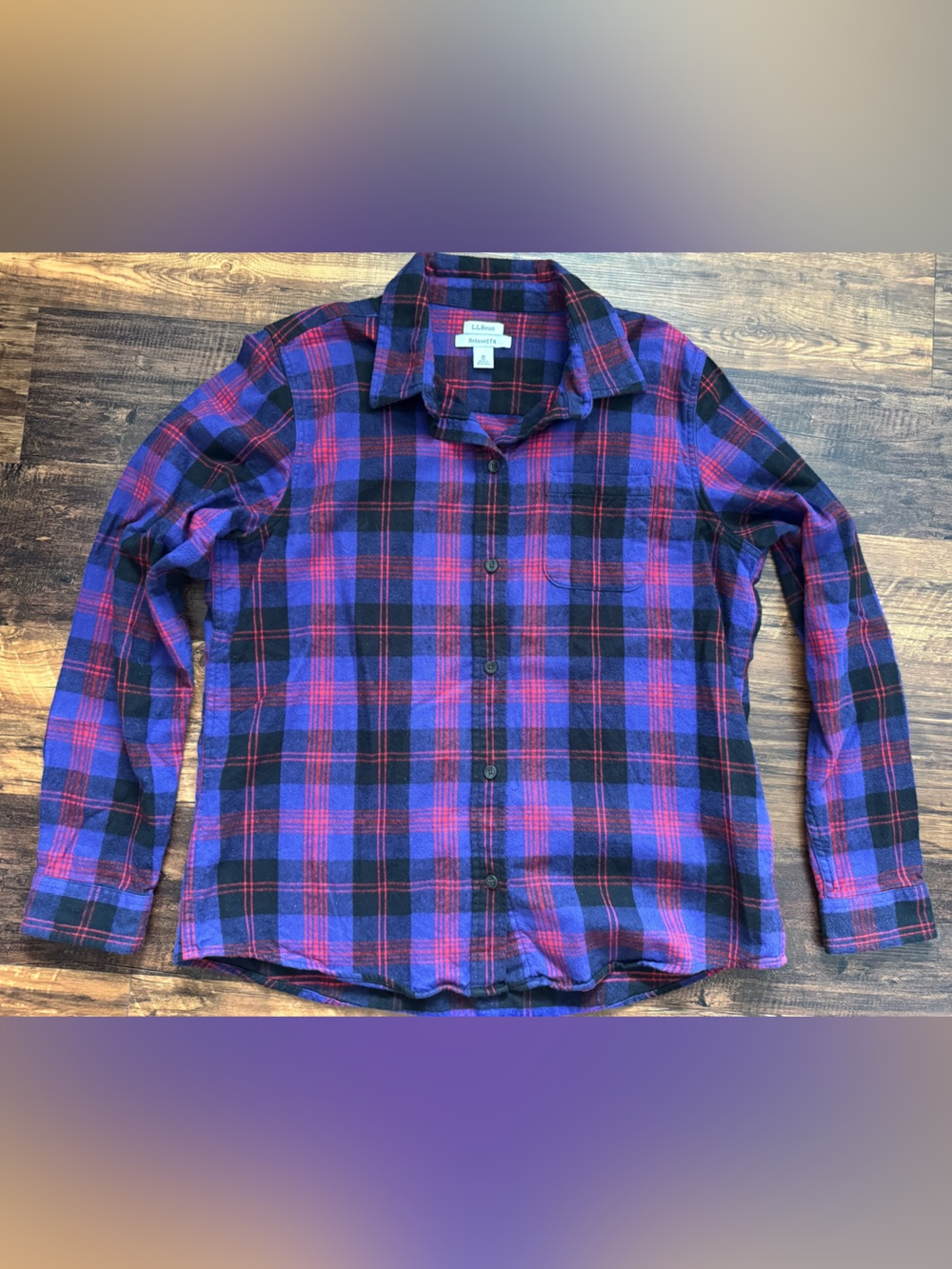 L.L. Bean Women’s Violet Red & Black Plaid Button-Up Shirt 100% cotton